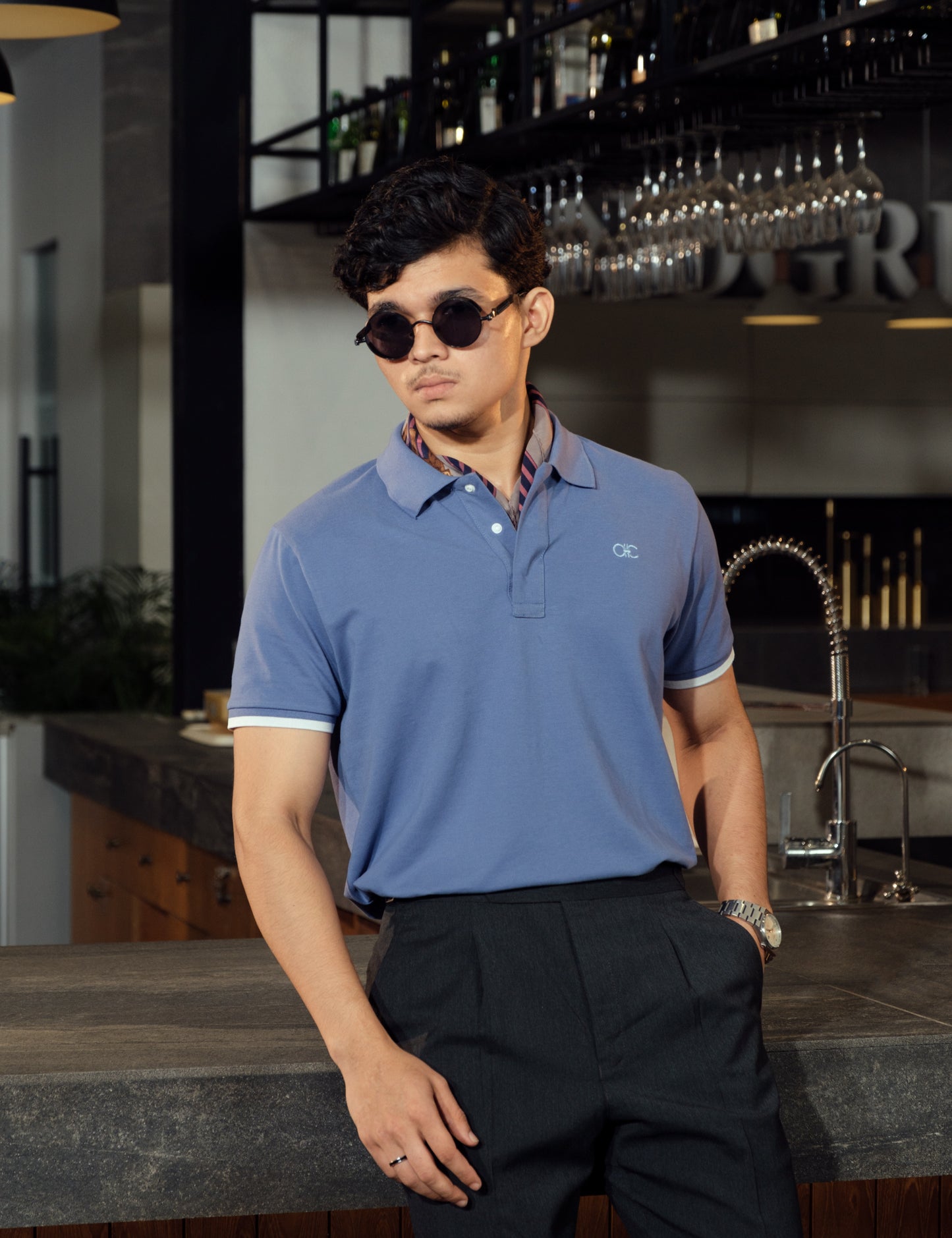 Unisex Minimalist Blue-Grey Polo – Ascot Haze (Muted Soft Cotton)