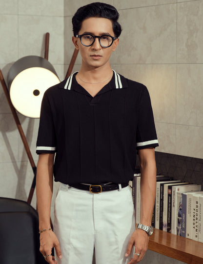 Unisex Premium Cable Knit Polo – Onyx (Deep Black)