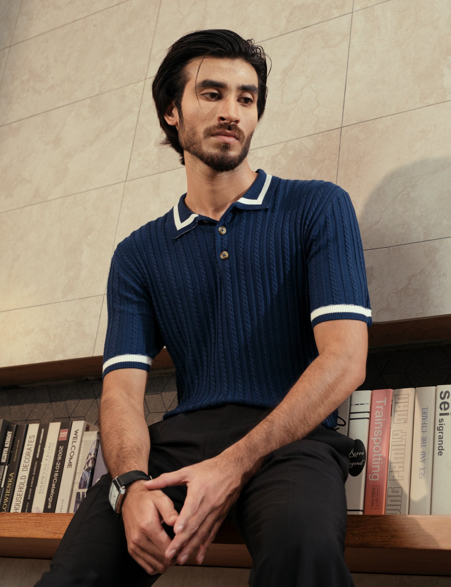 Unisex Premium Cable Knit Polo – Naverio (Navy Blue)