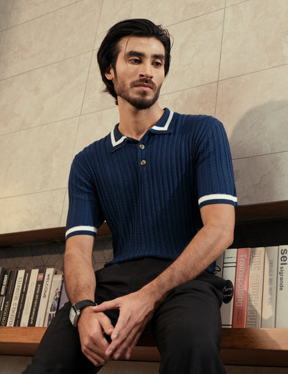 Unisex Premium Cable Knit Polo – Naverio (Navy Blue)
