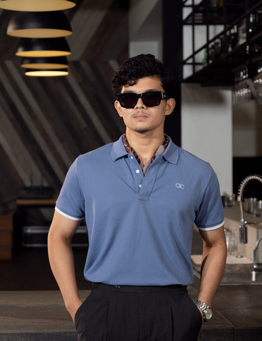 Unisex Minimalist Blue-Grey Polo – Ascot Haze (Muted Soft Cotton)