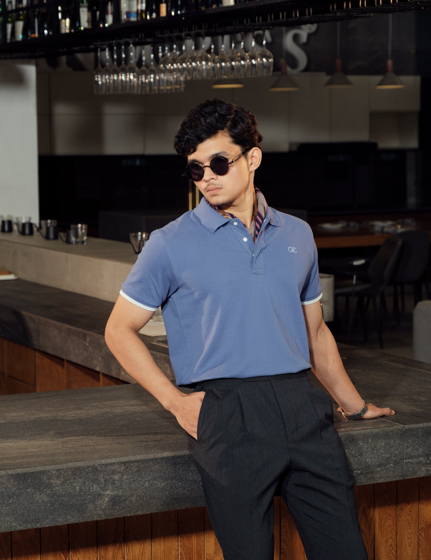 Unisex Minimalist Blue-Grey Polo – Ascot Haze (Muted Soft Cotton)