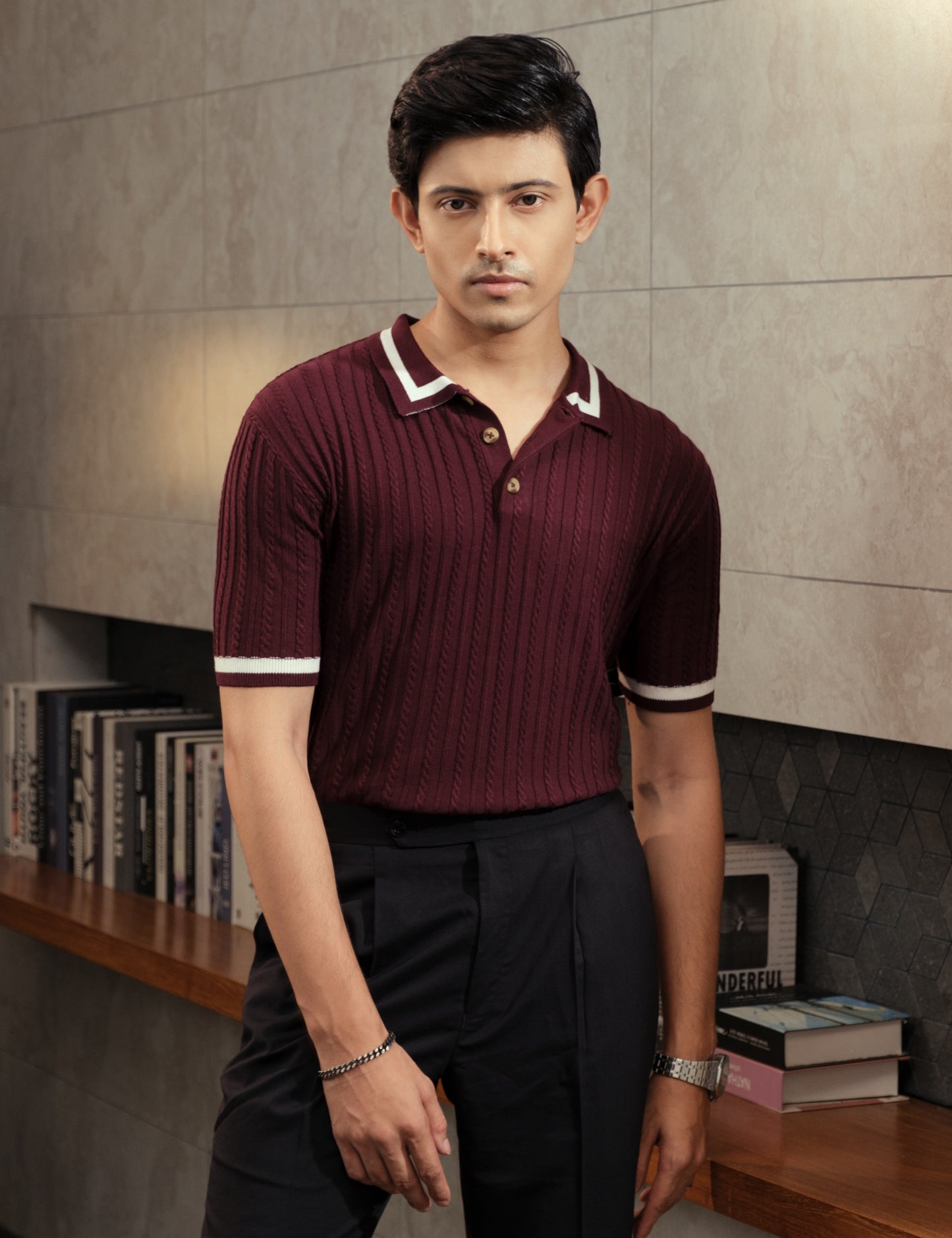 Unisex Premium Cable Knit Polo – Aveloir (Rich Burgundy)