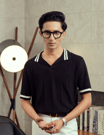 Unisex Premium Cable Knit Polo – Onyx (Deep Black)