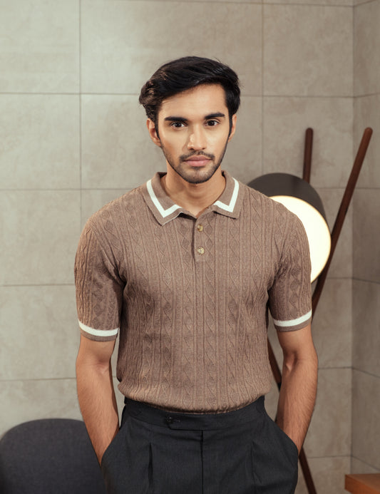 Unisex Premium Cable Knit Polo – Earl (Caramel Brown)