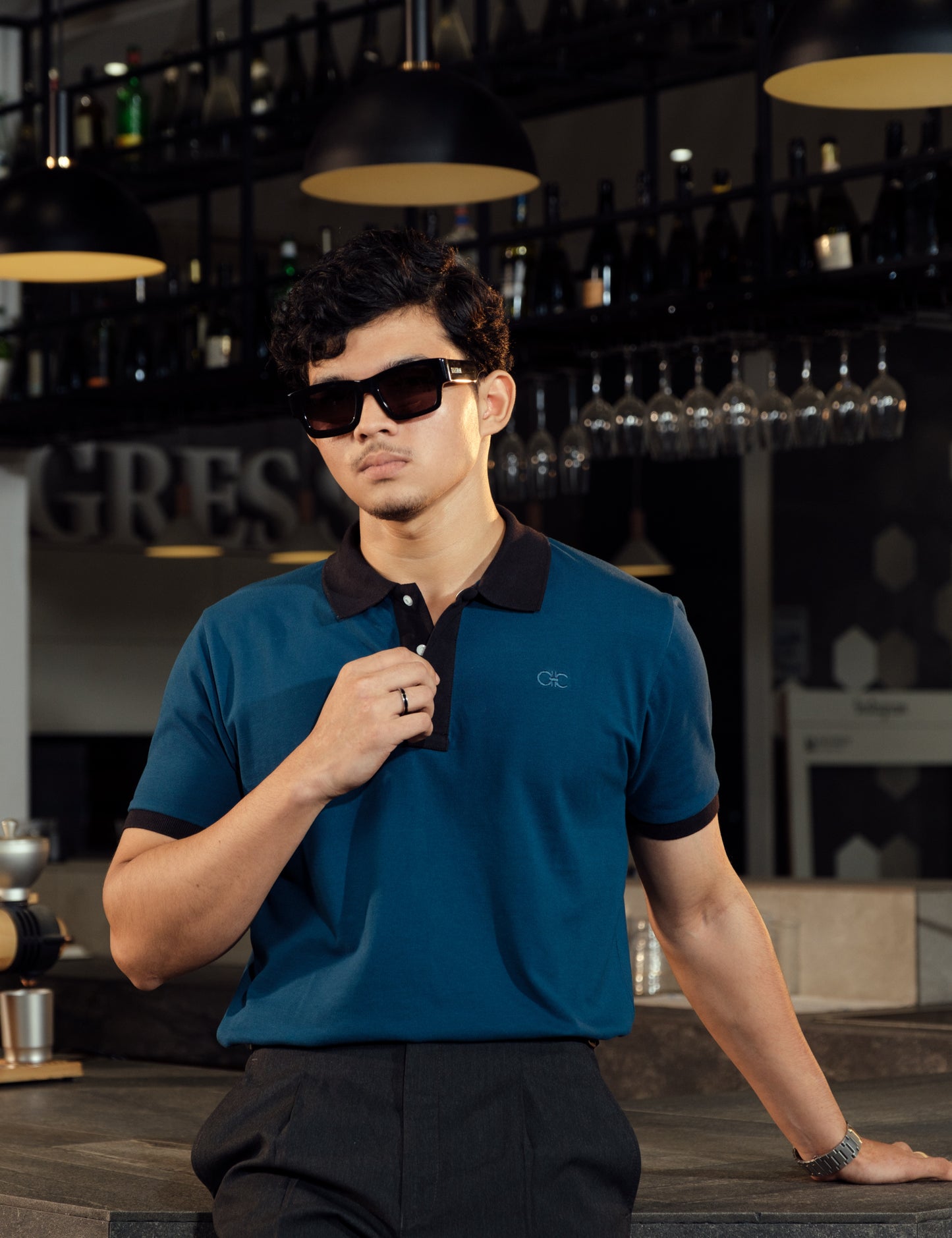 Unisex Minimalist Teal Polo – Apatite (Deep Blue-Green Cotton)