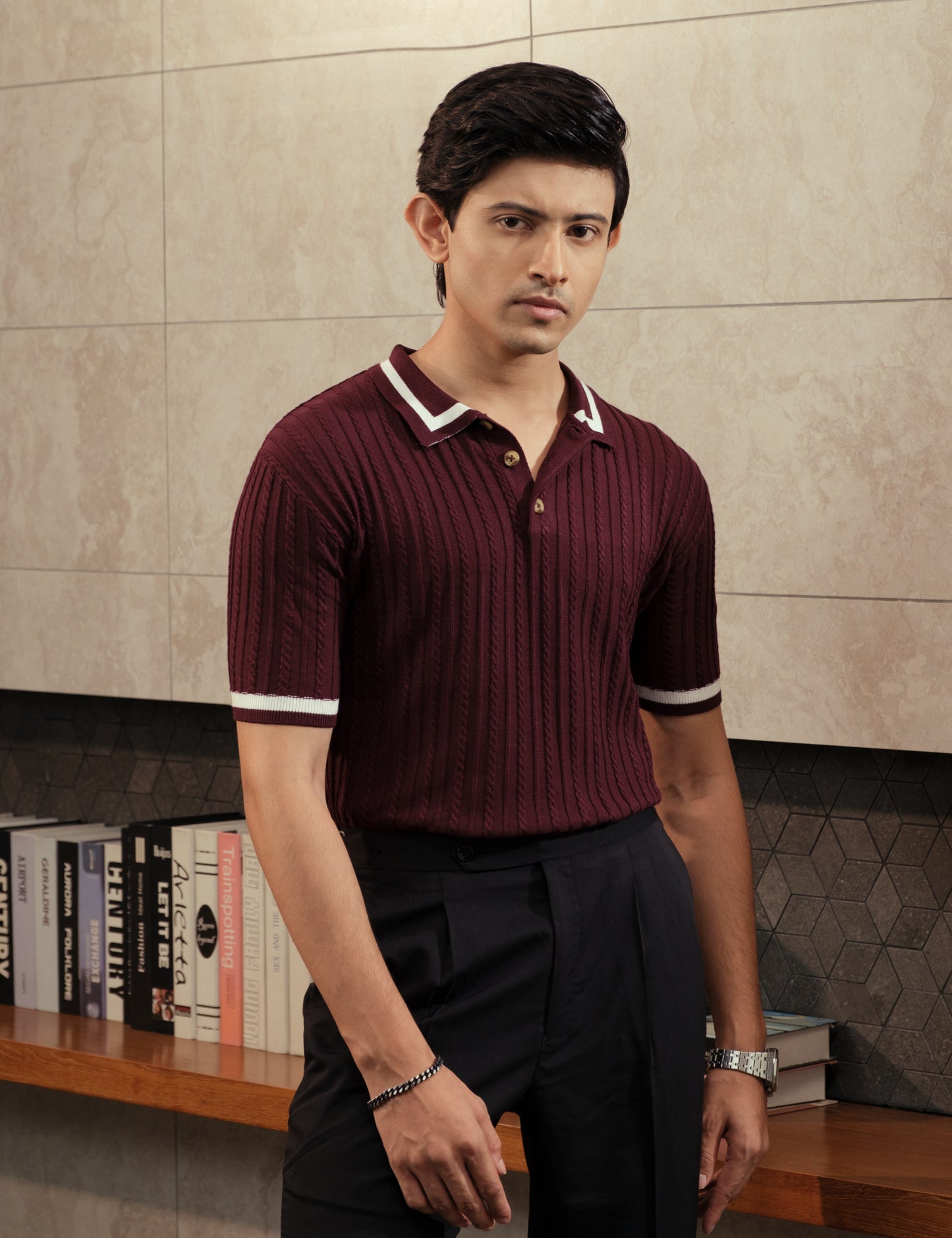 Unisex Premium Cable Knit Polo – Aveloir (Rich Burgundy)