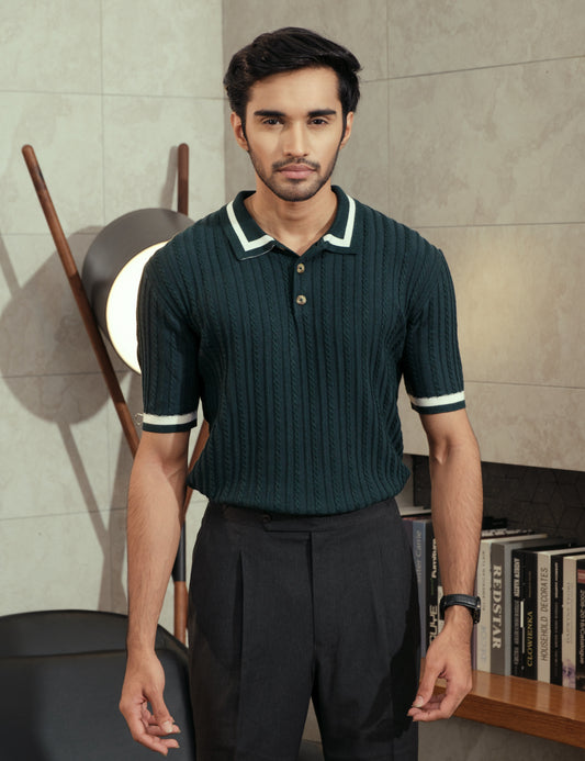 Unisex Premium Cable Knit Polo – Sylvan (Forest Green)