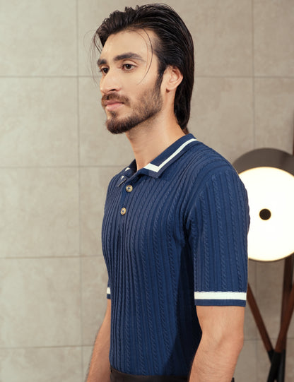 Unisex Premium Cable Knit Polo – Naverio (Navy Blue)