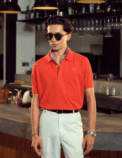 Unisex Minimalist Coral Red Polo – Vermilion (Vibrant Rich Cotton)