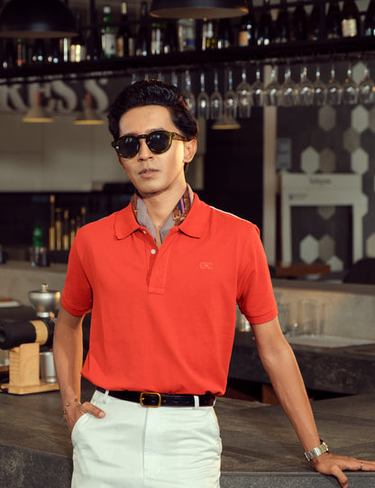 Unisex Minimalist Coral Red Polo – Vermilion (Vibrant Rich Cotton)