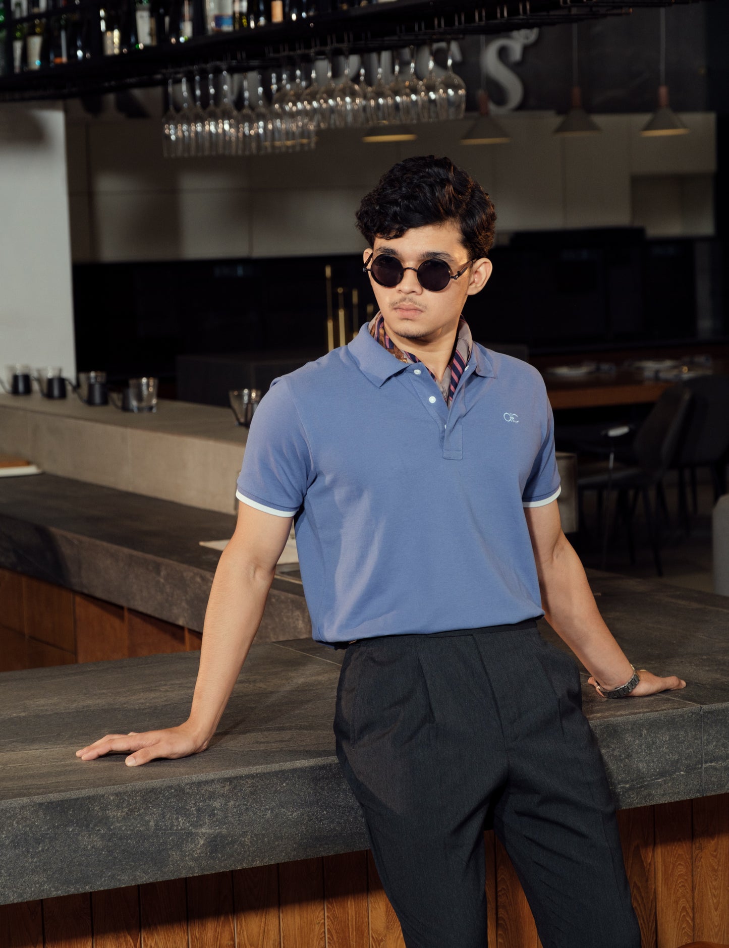 Unisex Minimalist Blue-Grey Polo – Ascot Haze (Muted Soft Cotton)