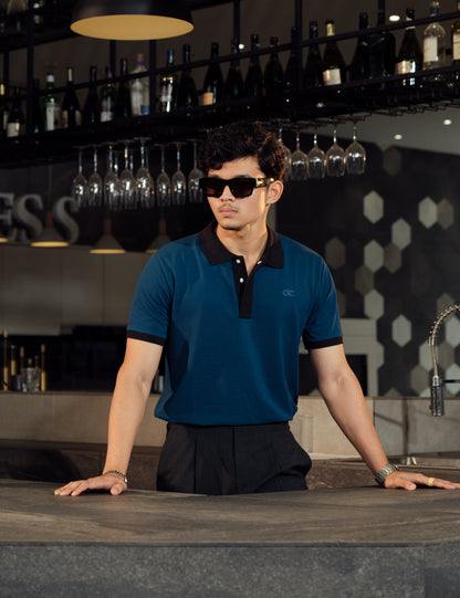 Unisex Minimalist Teal Polo – Apatite (Deep Blue-Green Cotton)