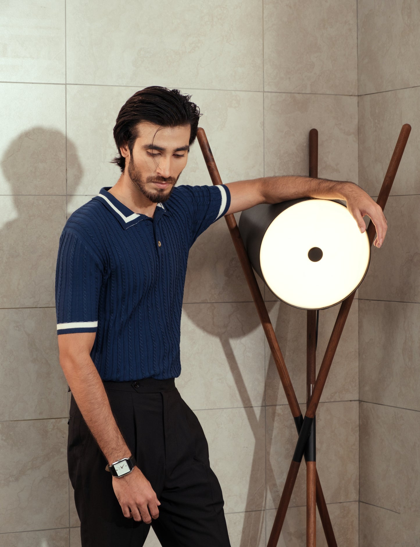 Unisex Premium Cable Knit Polo – Naverio (Navy Blue)