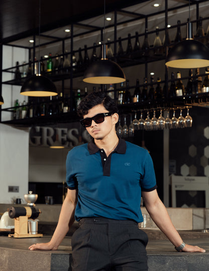 Unisex Minimalist Teal Polo – Apatite (Deep Blue-Green Cotton)